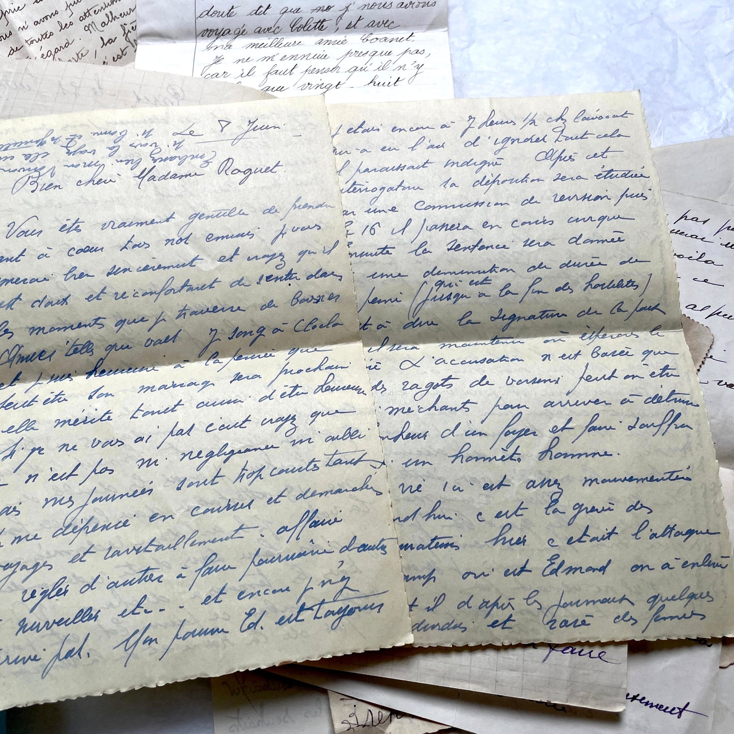 1930s French handwritten letter set - vintage paper ephemera with elegant cursive and letterheads.
