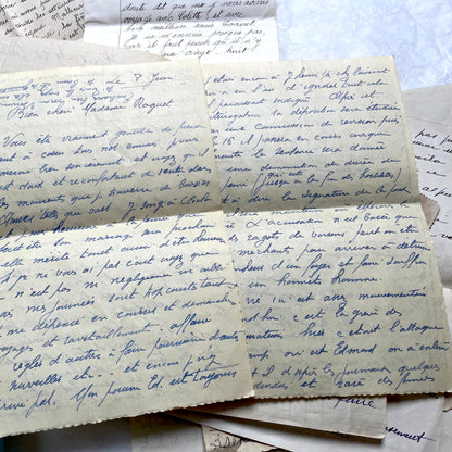 1930s French handwritten letter set - vintage paper ephemera with elegant cursive and letterheads.