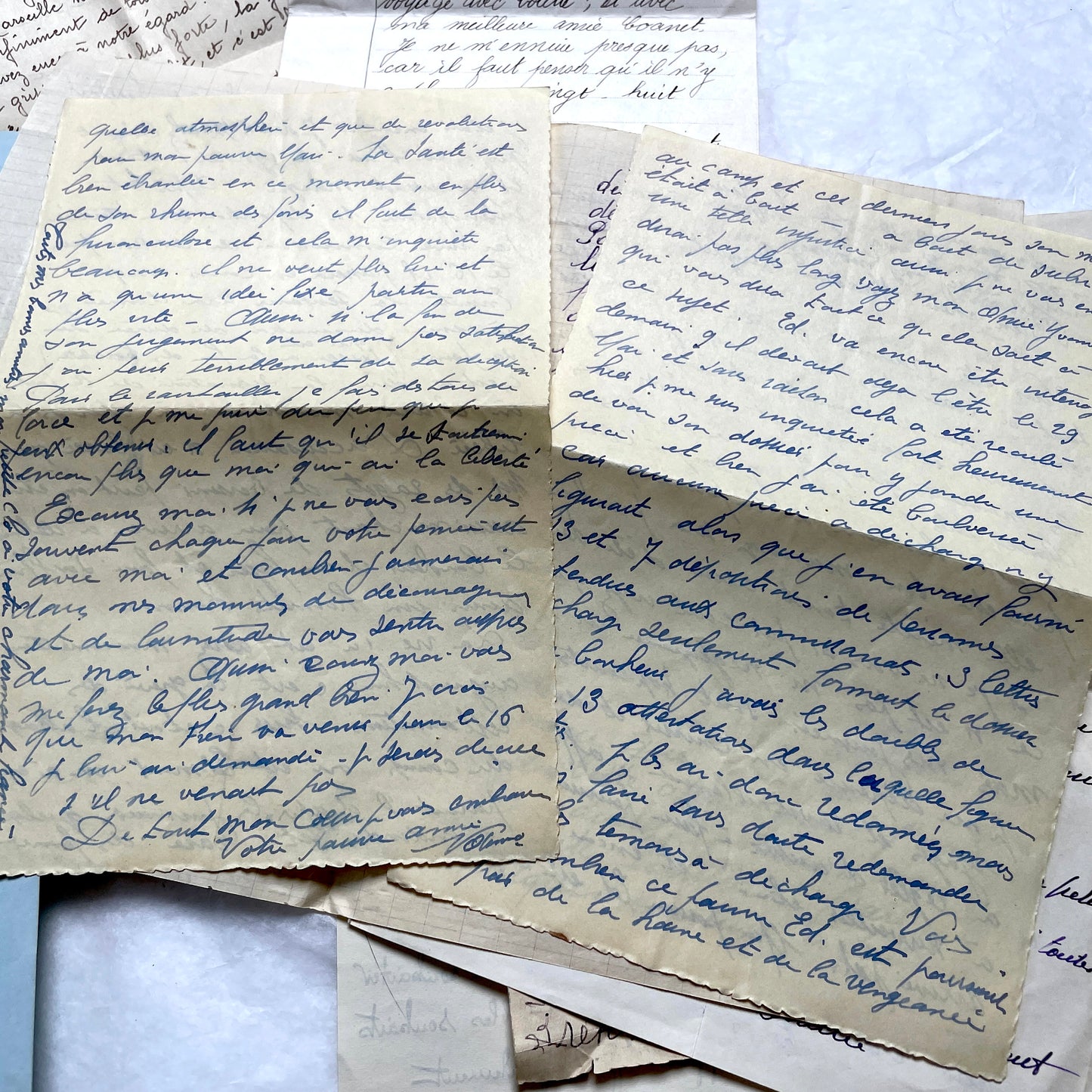 1930s French handwritten letter set - vintage paper ephemera with elegant cursive and letterheads.