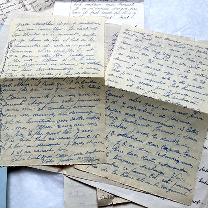 1930s French handwritten letter set - vintage paper ephemera with elegant cursive and letterheads.