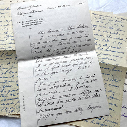 1930s French handwritten letter set - vintage paper ephemera with elegant cursive and letterheads.