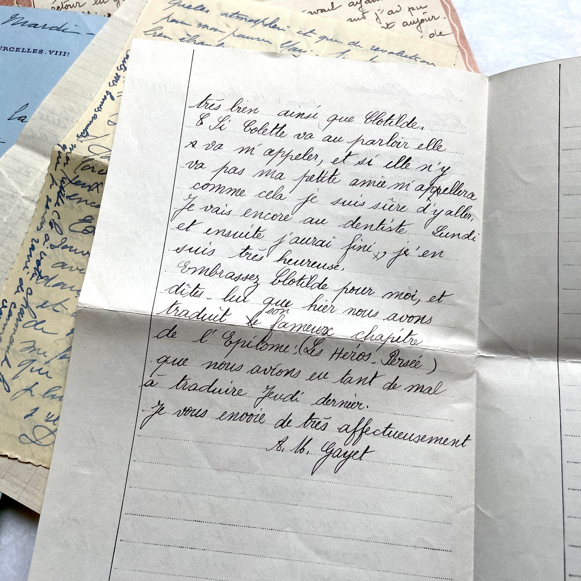 1930s French handwritten letter set - vintage paper ephemera with elegant cursive and letterheads.