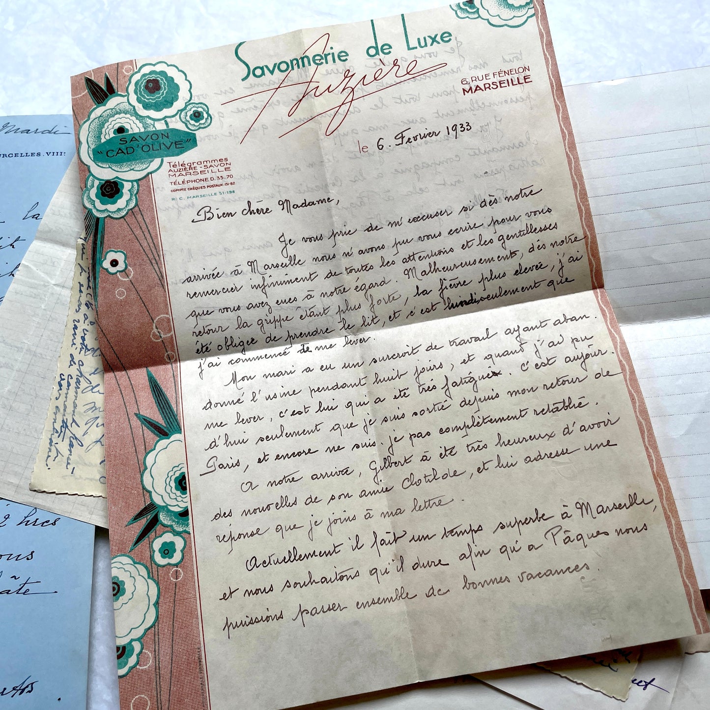 1930s French handwritten letter set - vintage paper ephemera with elegant cursive and letterheads.
