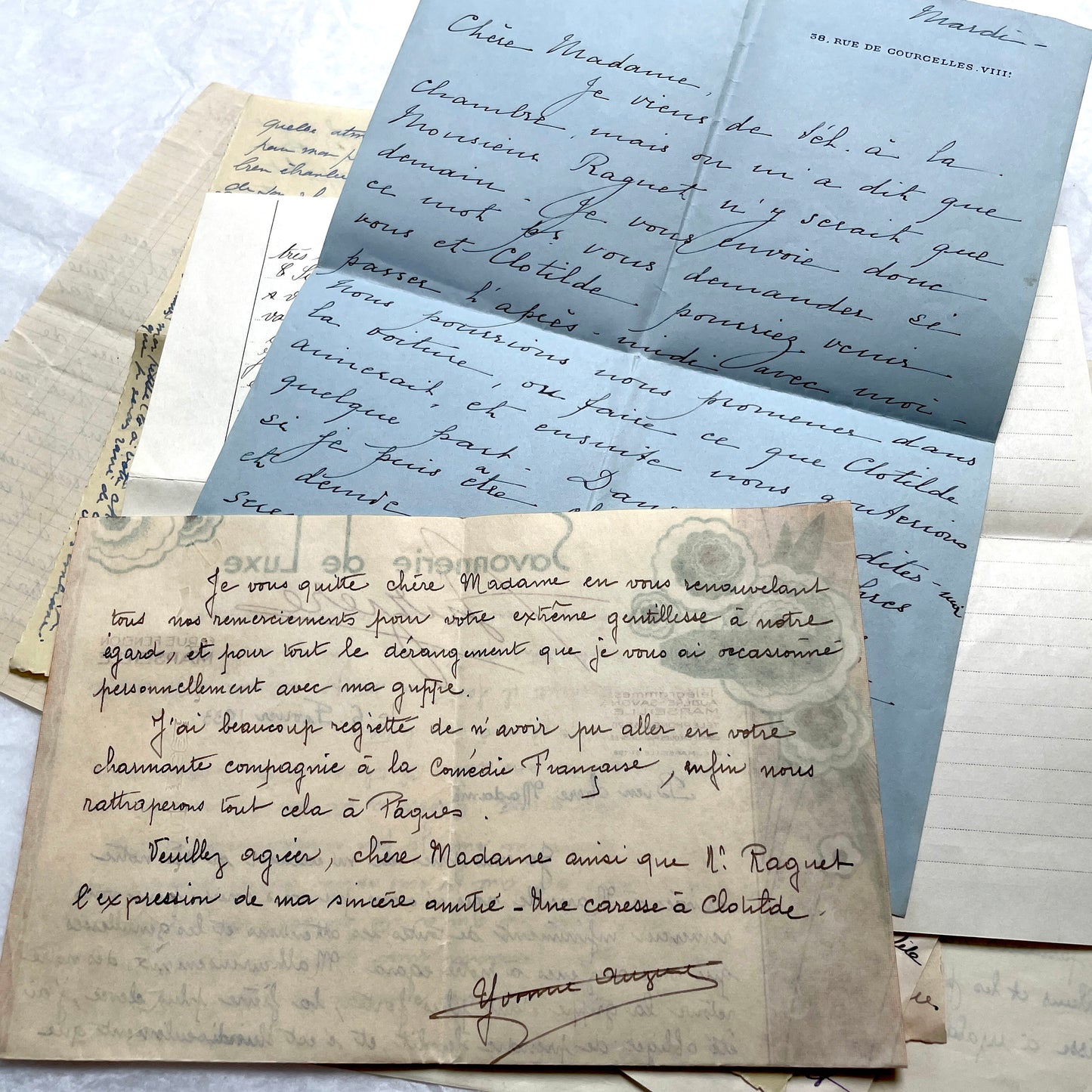1930s French handwritten letter set - vintage paper ephemera with elegant cursive and letterheads.