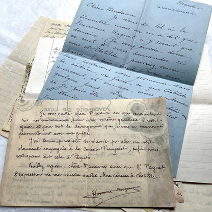 1930s French handwritten letter set - vintage paper ephemera with elegant cursive and letterheads.