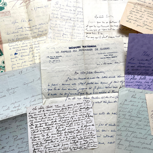 Set of 10 vintage French letters from the 1930s and 1940s, with handwritten script and a 'Prisoner of War' document.