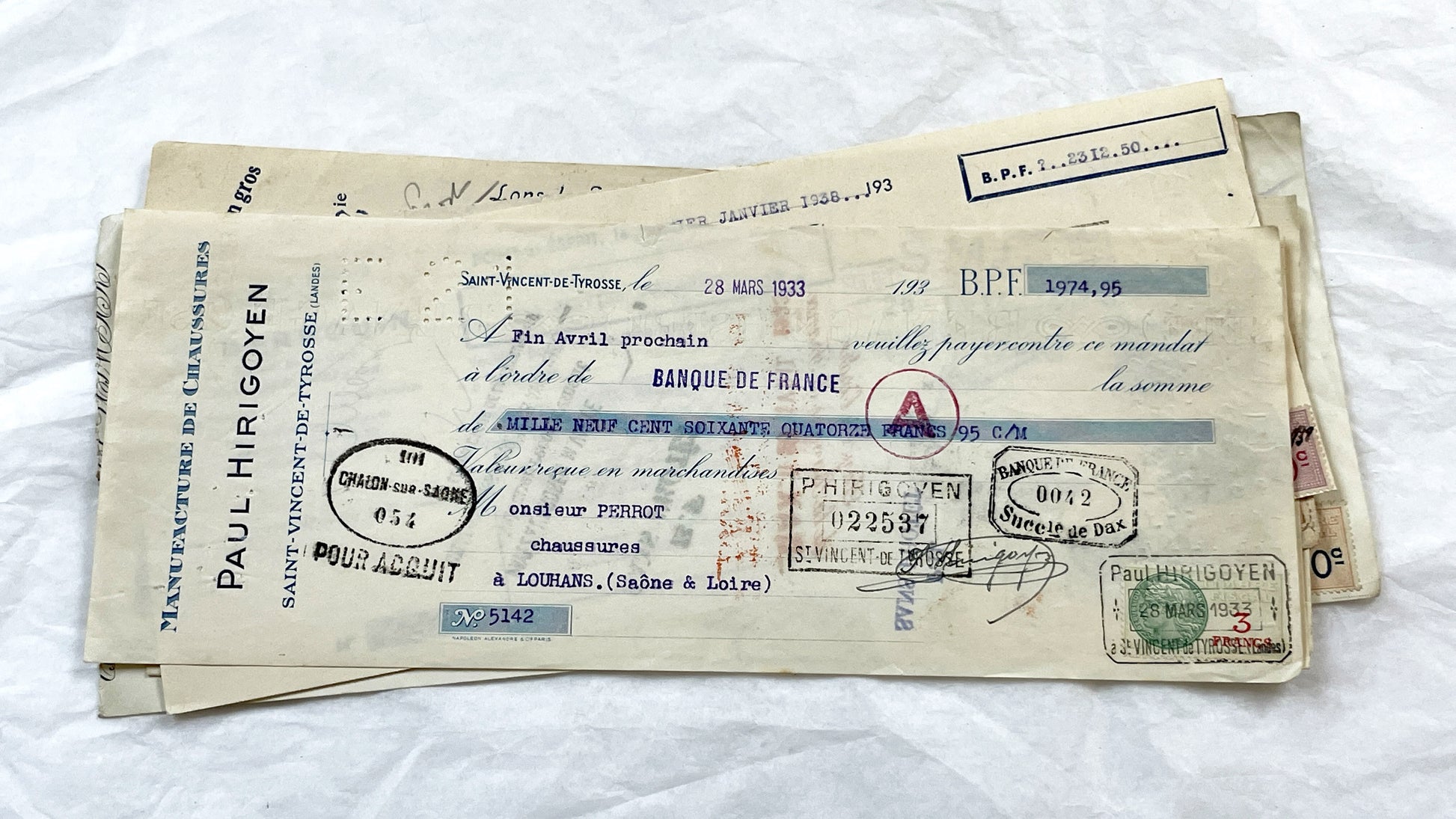 1930s - Lot of 6 Vintage French Bills of Exchange – Handwritten Commercial Documents with Stamps