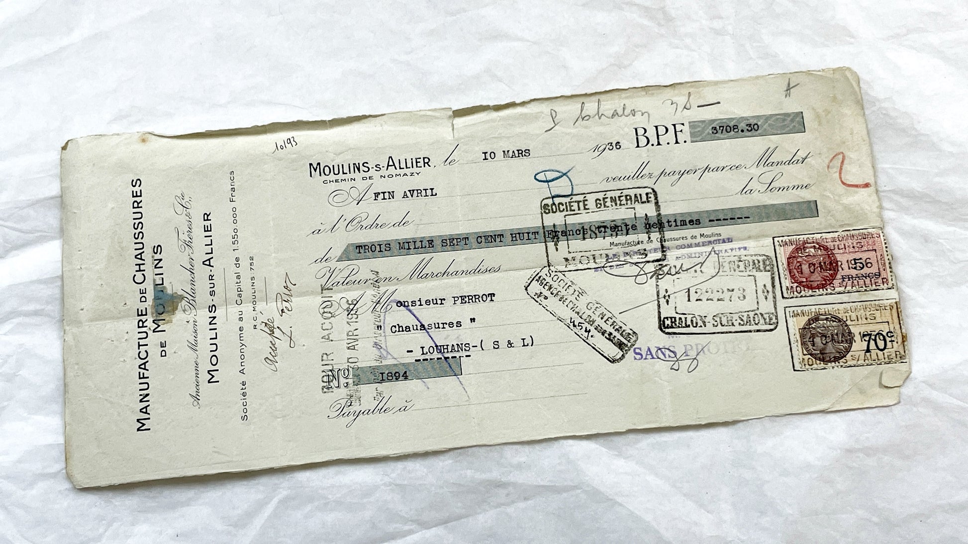 1930s - Lot of 6 Vintage French Bills of Exchange – Handwritten Commercial Documents with Stamps
