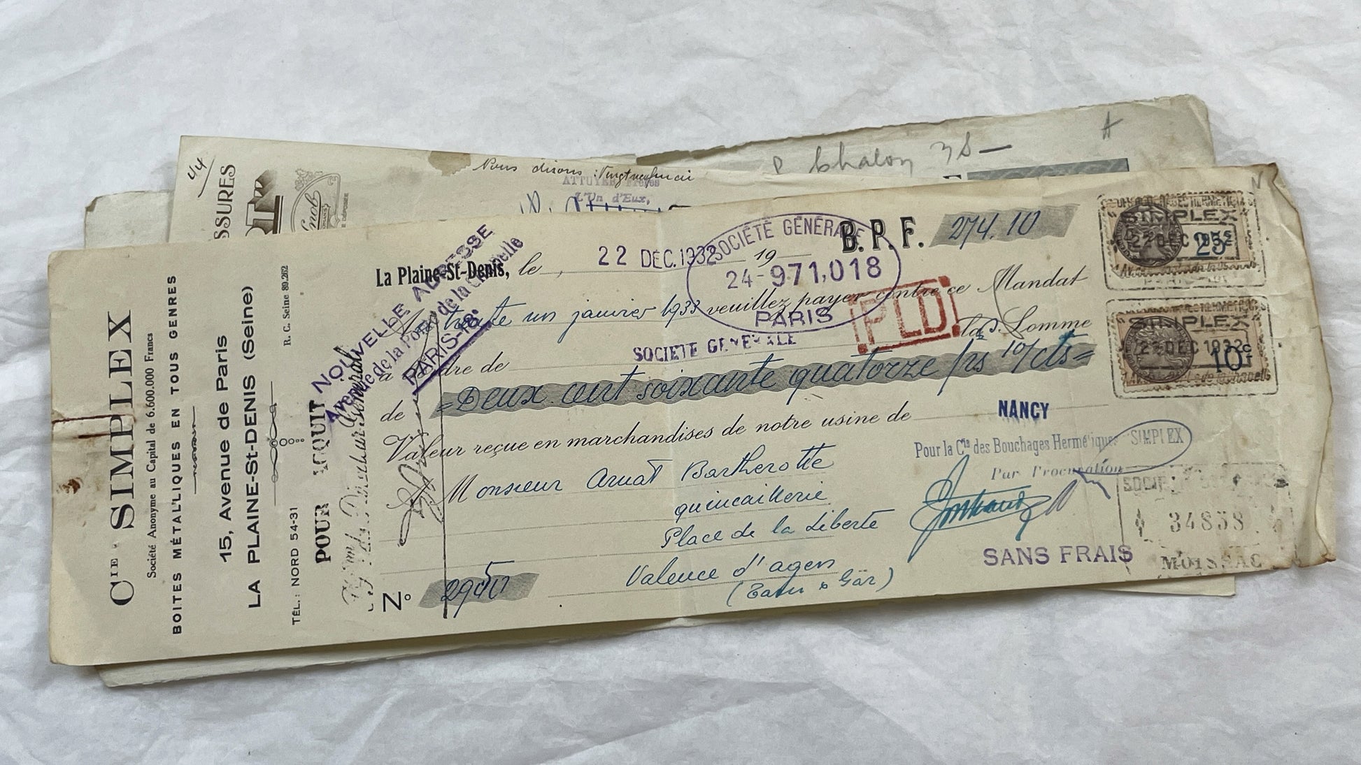 1930s - Lot of 6 Vintage French Bills of Exchange – Handwritten Commercial Documents with Stamps