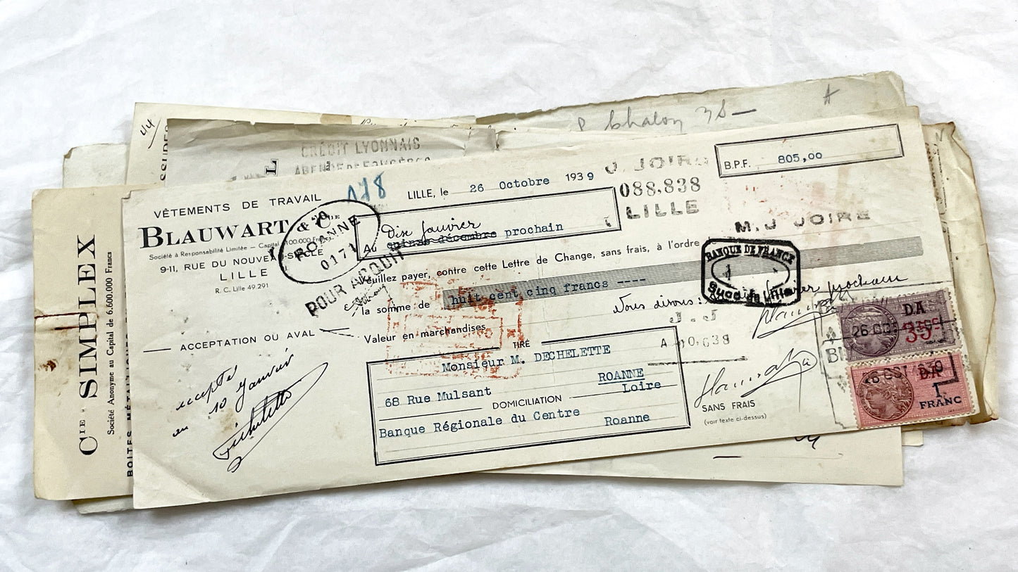 1930s - Lot of 6 Vintage French Bills of Exchange – Handwritten Commercial Documents with Stamps