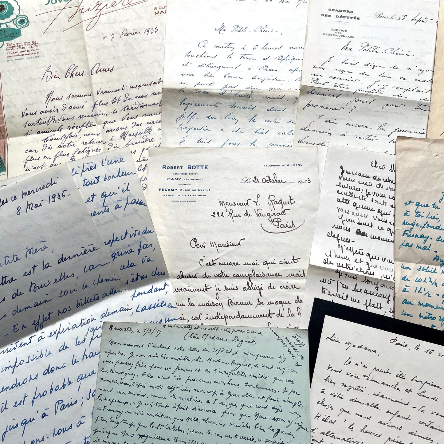 Set of 10 French handwritten letters from the 1940s, featuring elegant script and various historical contexts.