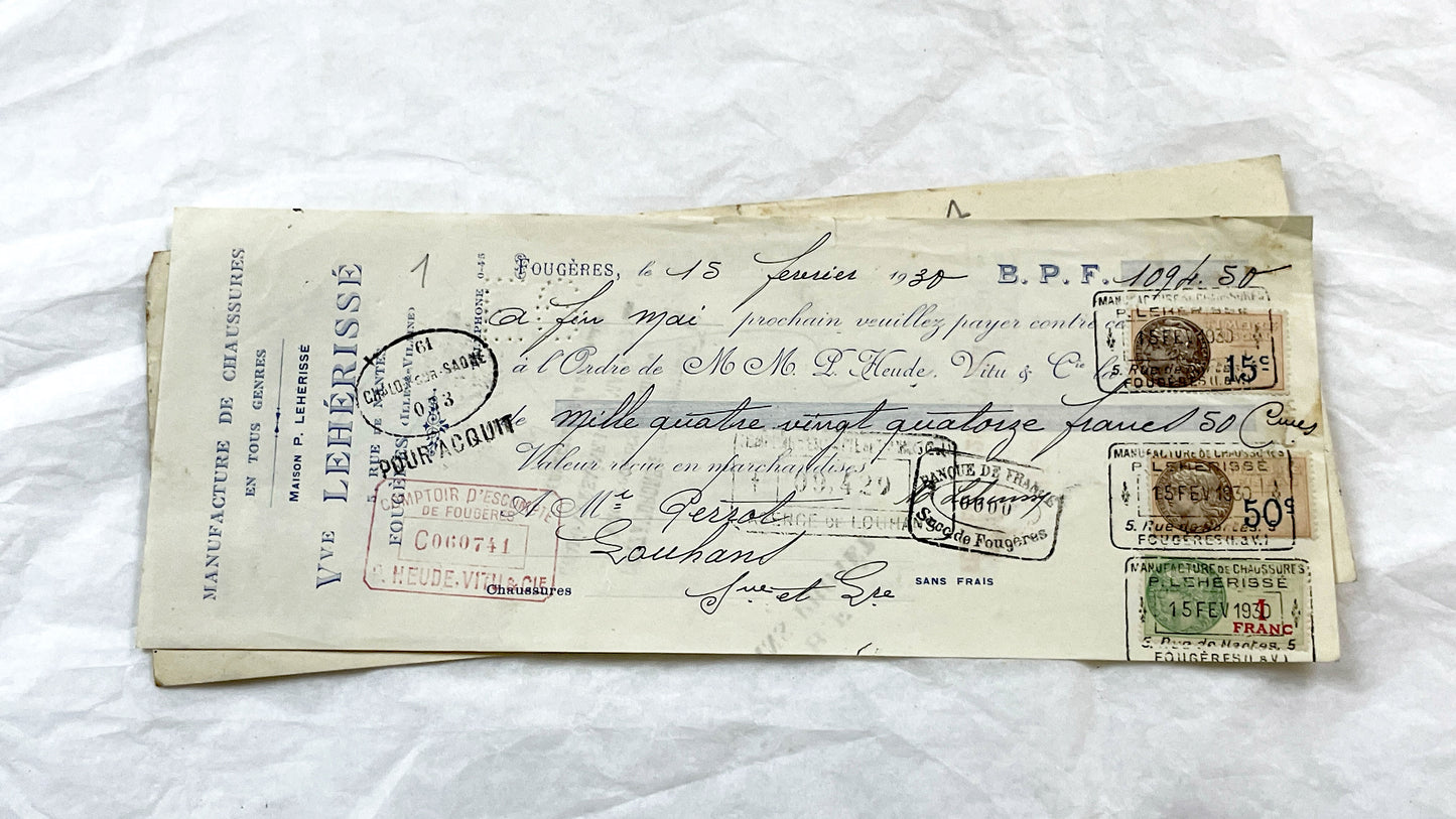 1930s - Lot of 6 Vintage French Bills of Exchange – Handwritten Commercial Documents with Stamps