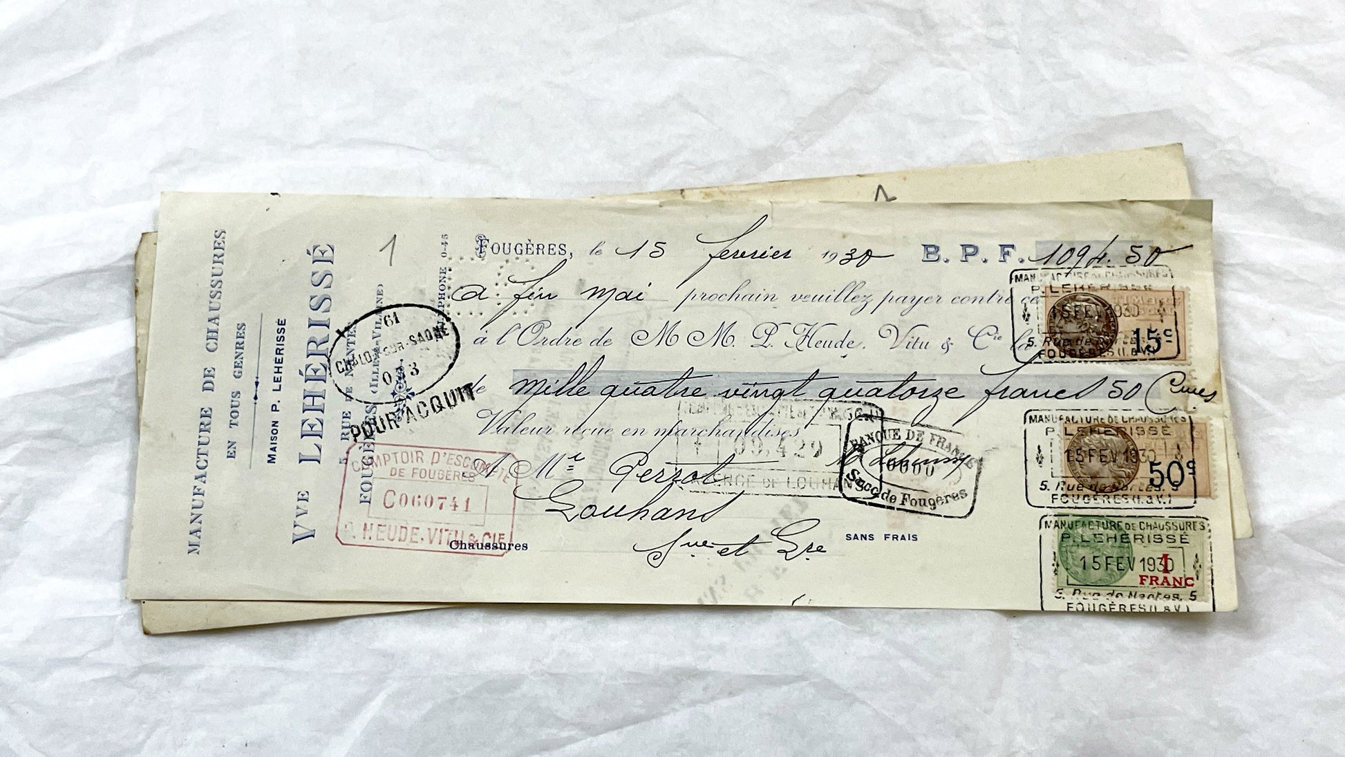 1930s - Lot of 6 Vintage French Bills of Exchange – Handwritten Commercial Documents with Stamps