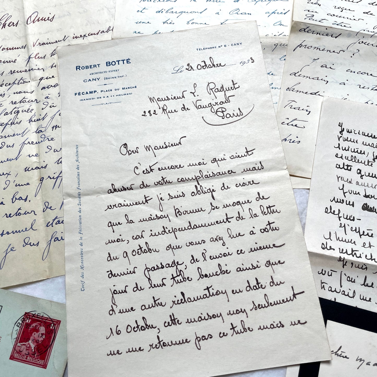 Set of 10 French handwritten letters from the 1940s, featuring elegant script and various historical contexts.