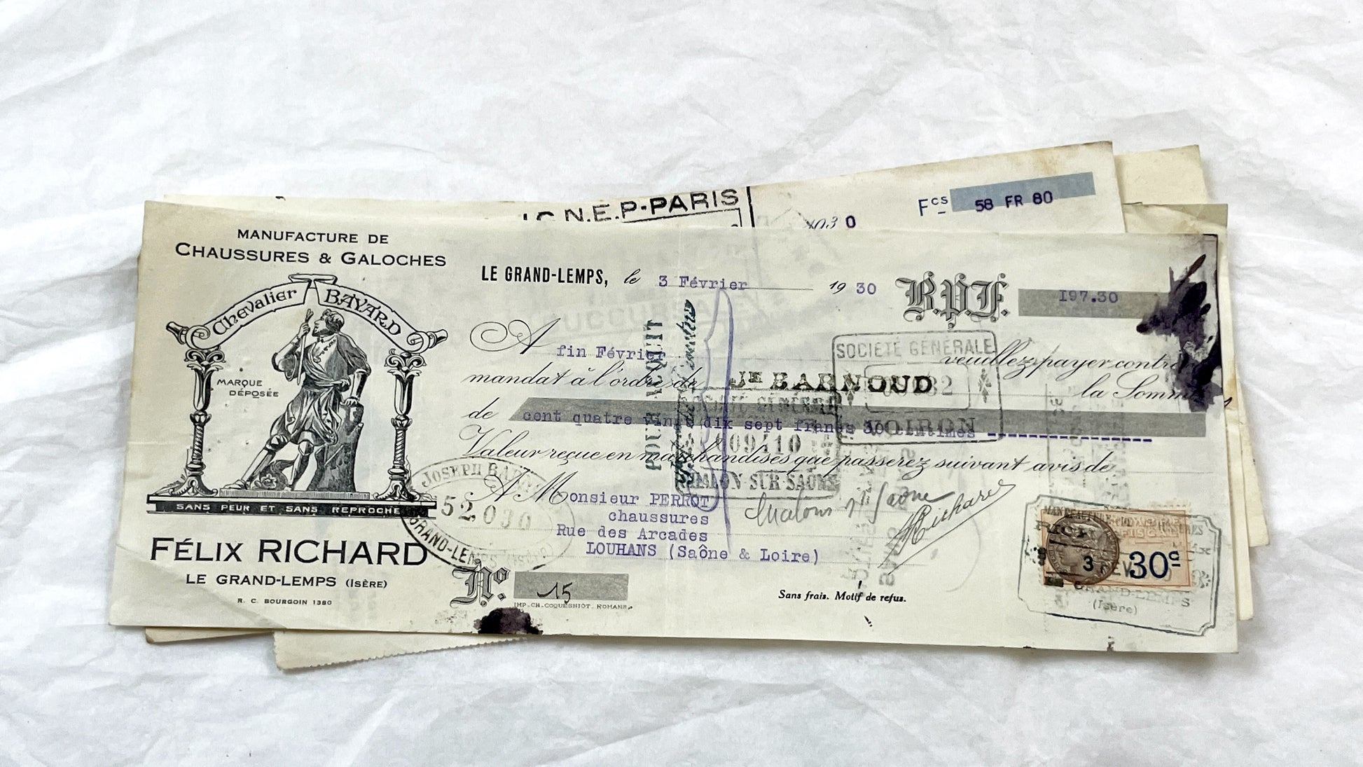 1930s - Lot of 6 Vintage French Bills of Exchange – Handwritten Commercial Documents with Stamps