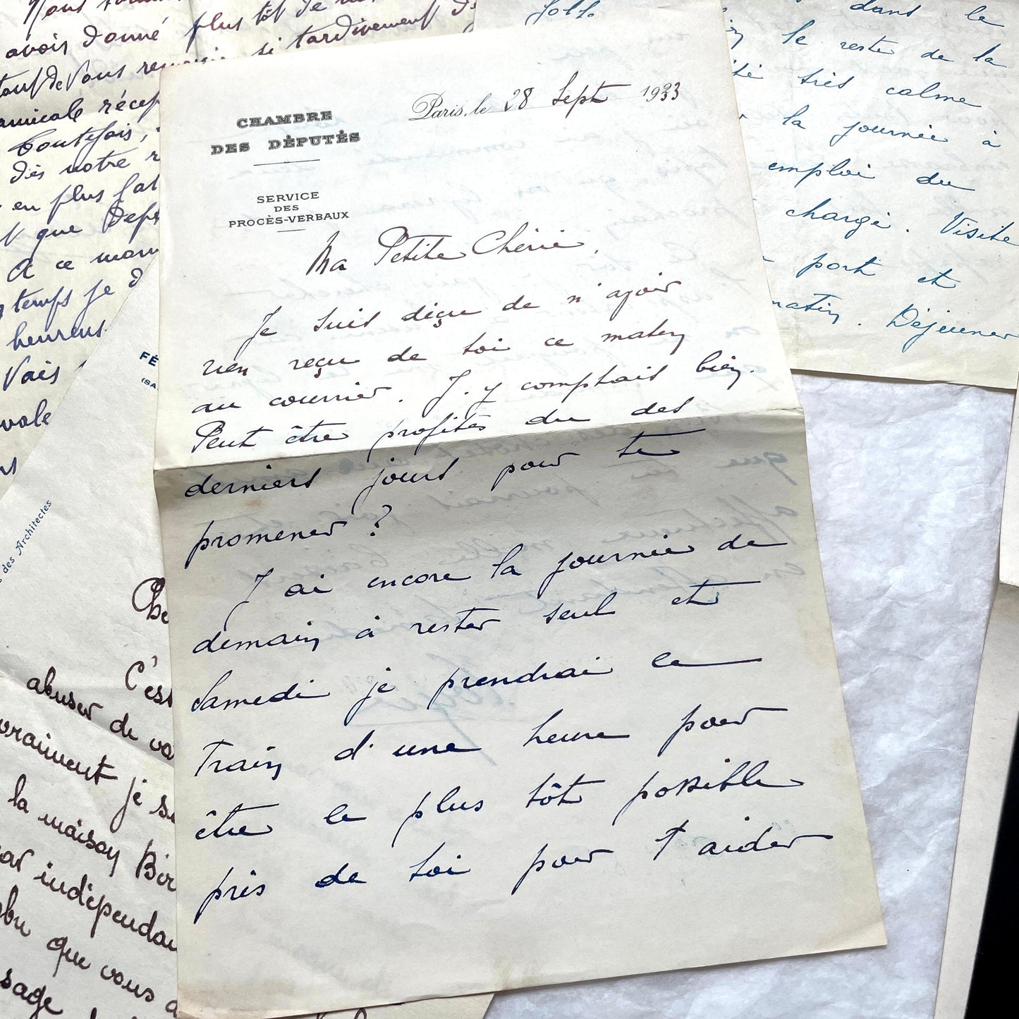 Set of 10 French handwritten letters from the 1940s, featuring elegant script and various historical contexts.