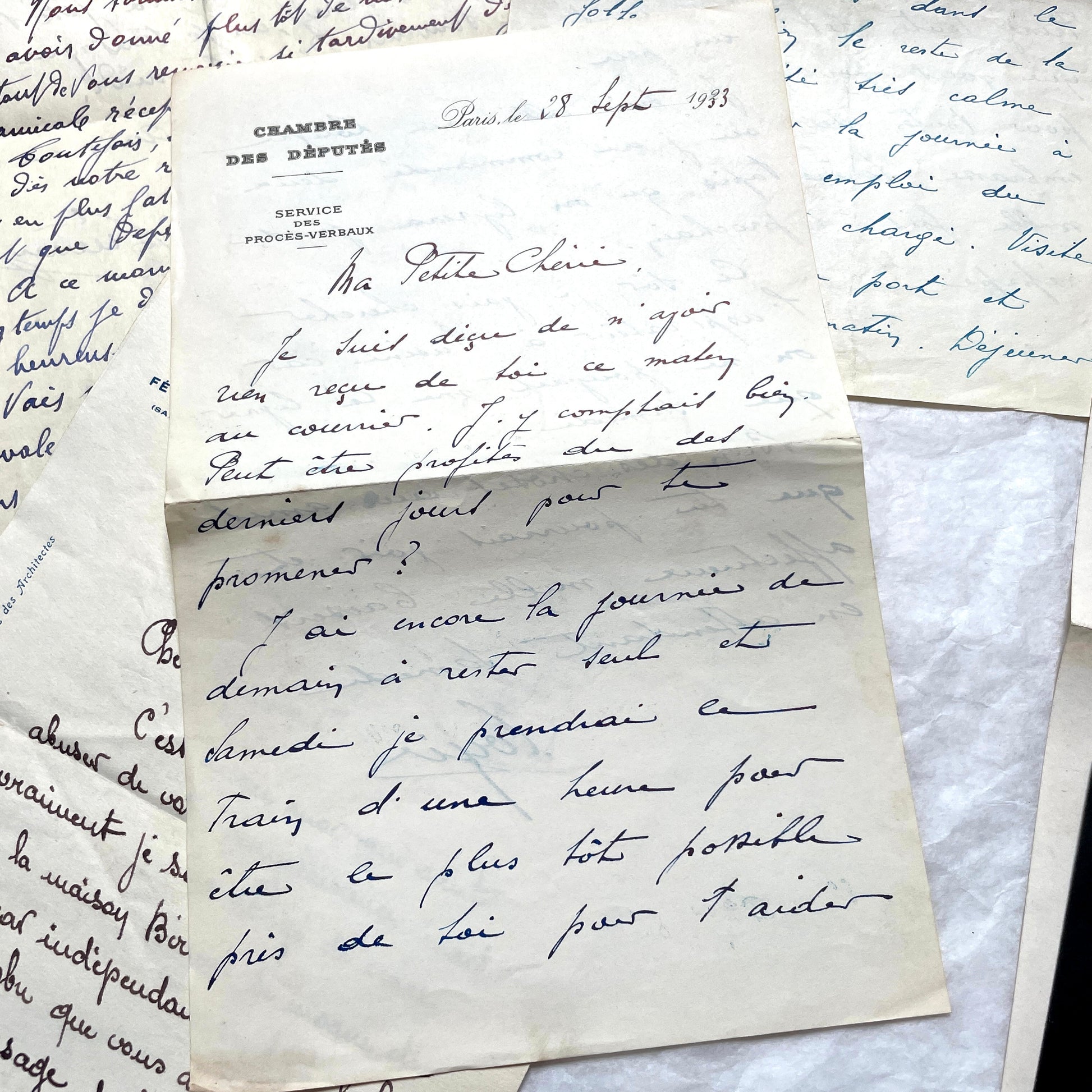 Set of 10 French handwritten letters from the 1940s, featuring elegant script and various historical contexts.
