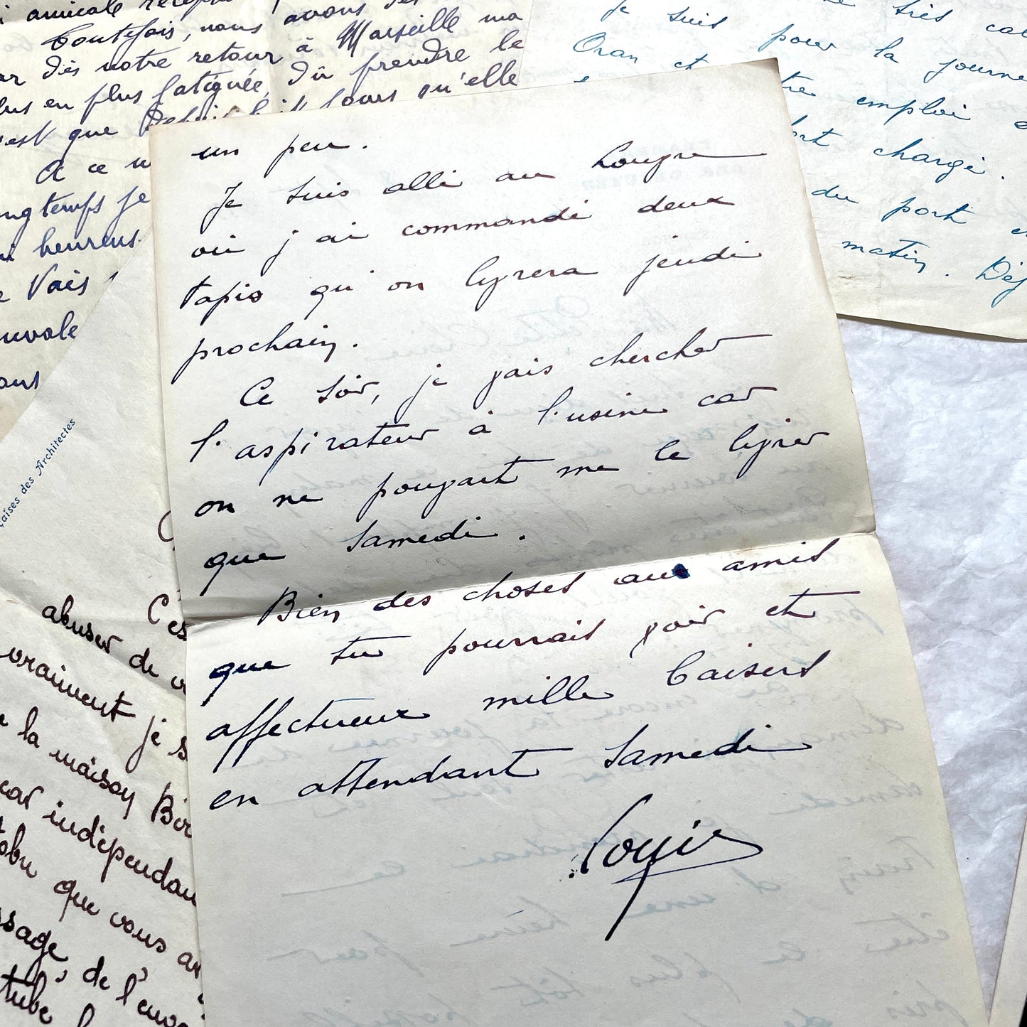 Set of 10 French handwritten letters from the 1940s, featuring elegant script and various historical contexts.