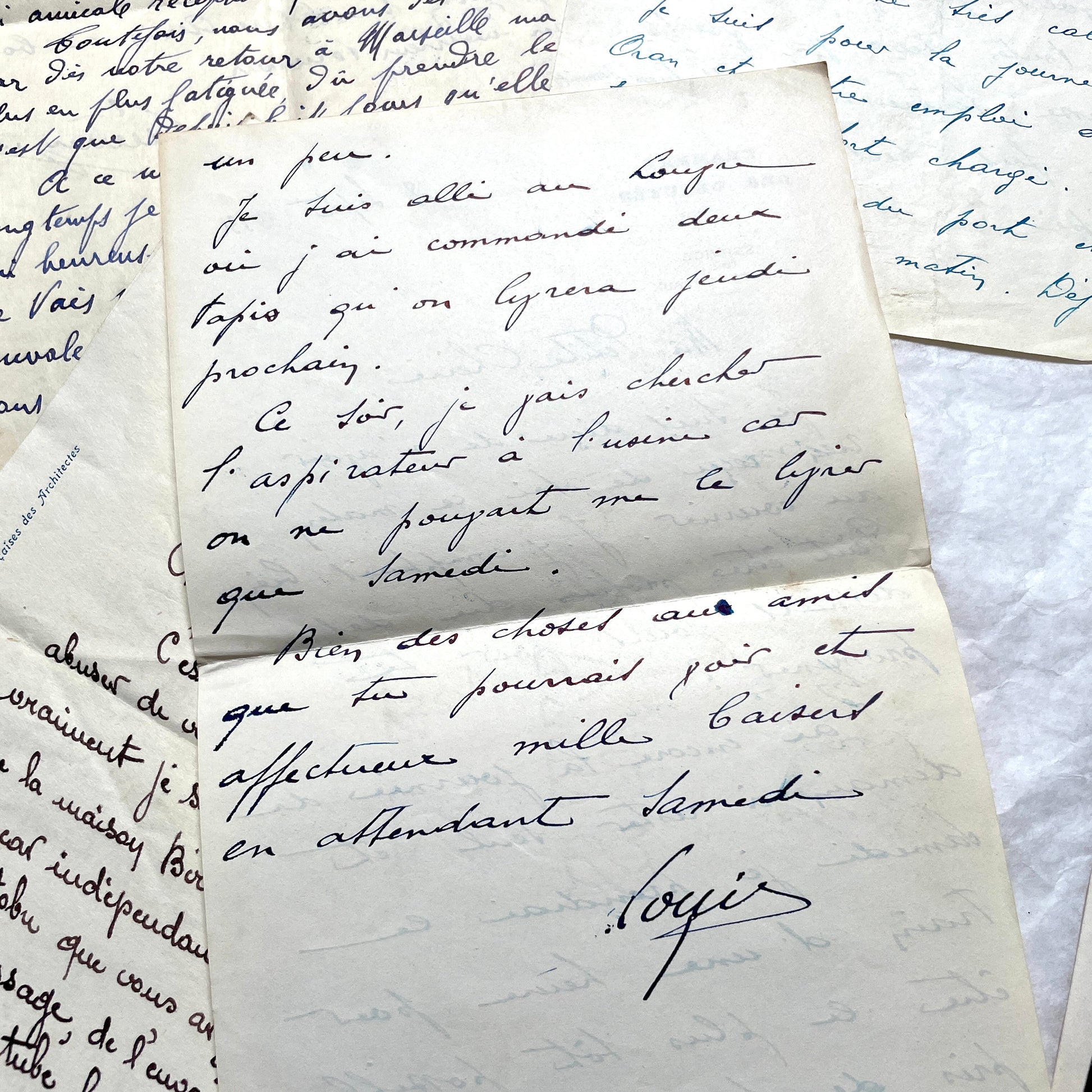 Set of 10 French handwritten letters from the 1940s, featuring elegant script and various historical contexts.