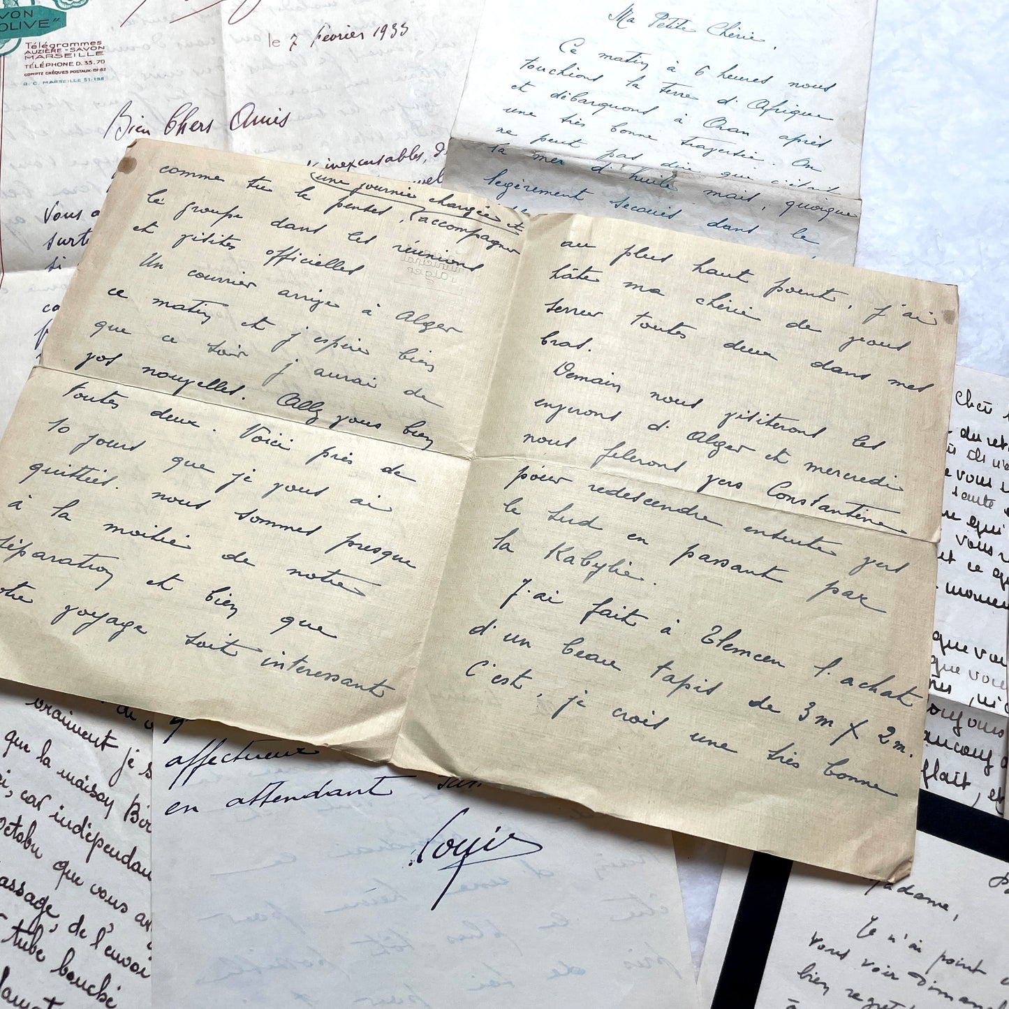 Set of 10 French handwritten letters from the 1940s, featuring elegant script and various historical contexts.