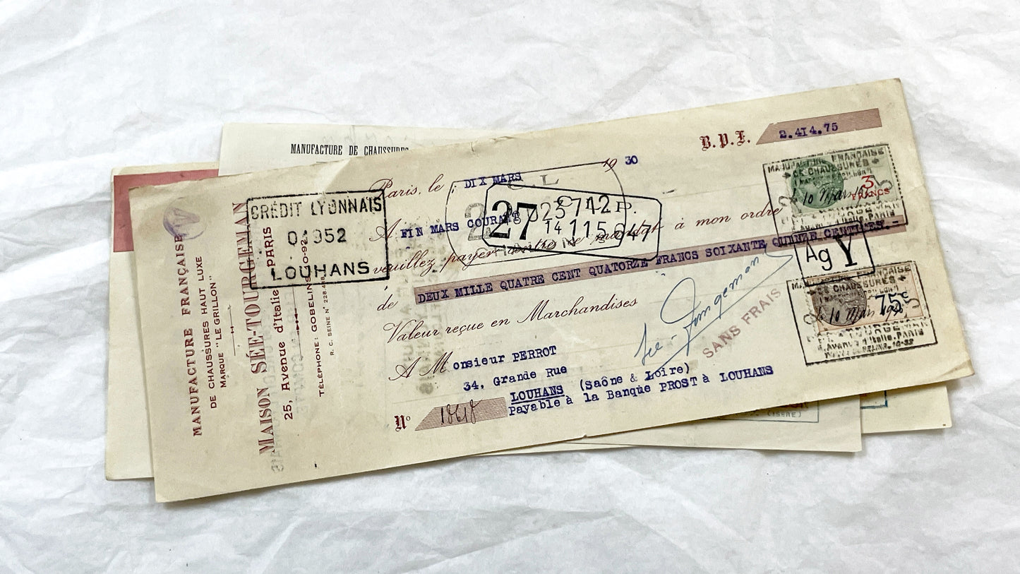 1930s - Lot of 6 Vintage French Bills of Exchange – Handwritten Commercial Documents with Stamps