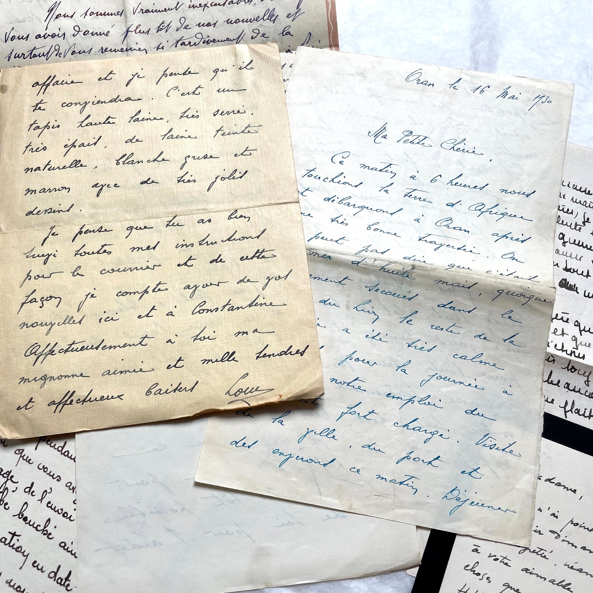 Set of 10 French handwritten letters from the 1940s, featuring elegant script and various historical contexts.