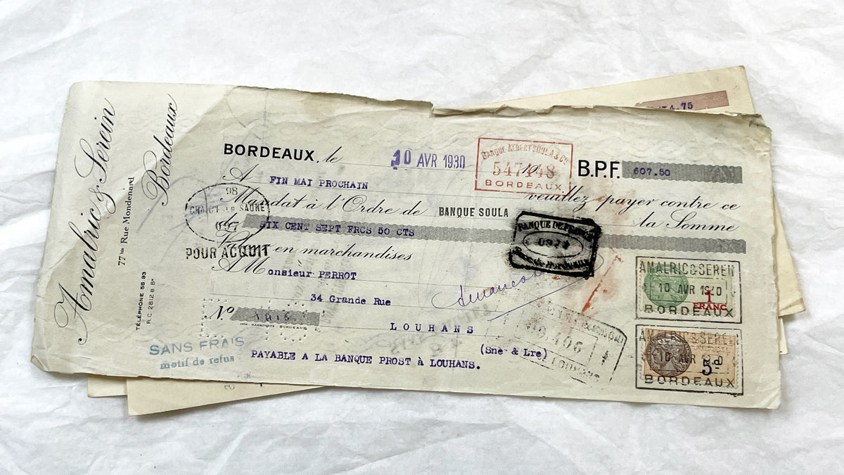 1930s - Lot of 6 Vintage French Bills of Exchange – Handwritten Commercial Documents with Stamps