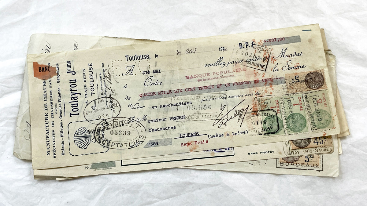 1930s - Lot of 6 Vintage French Bills of Exchange – Handwritten Commercial Documents with Stamps