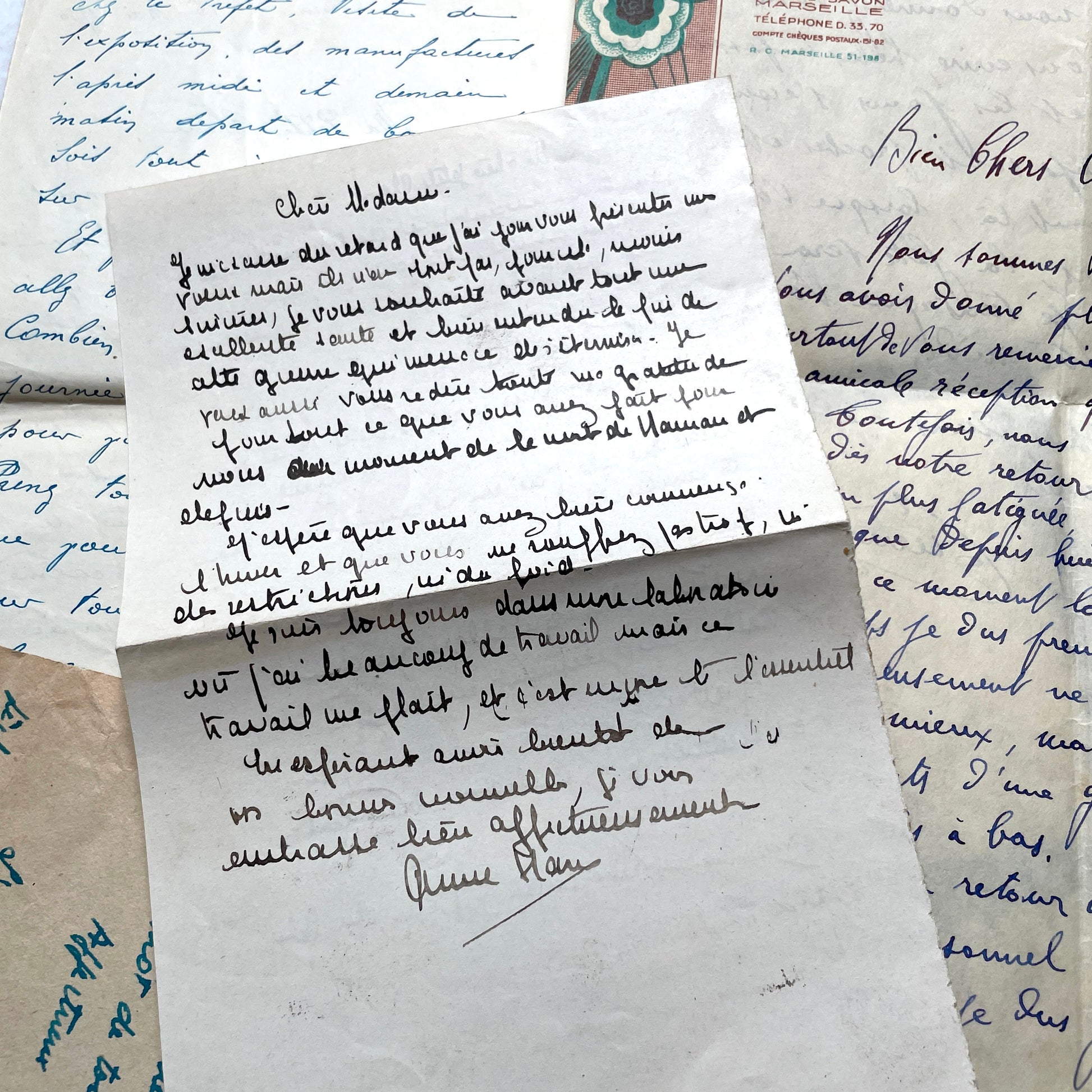 Set of 10 French handwritten letters from the 1940s, featuring elegant script and various historical contexts.