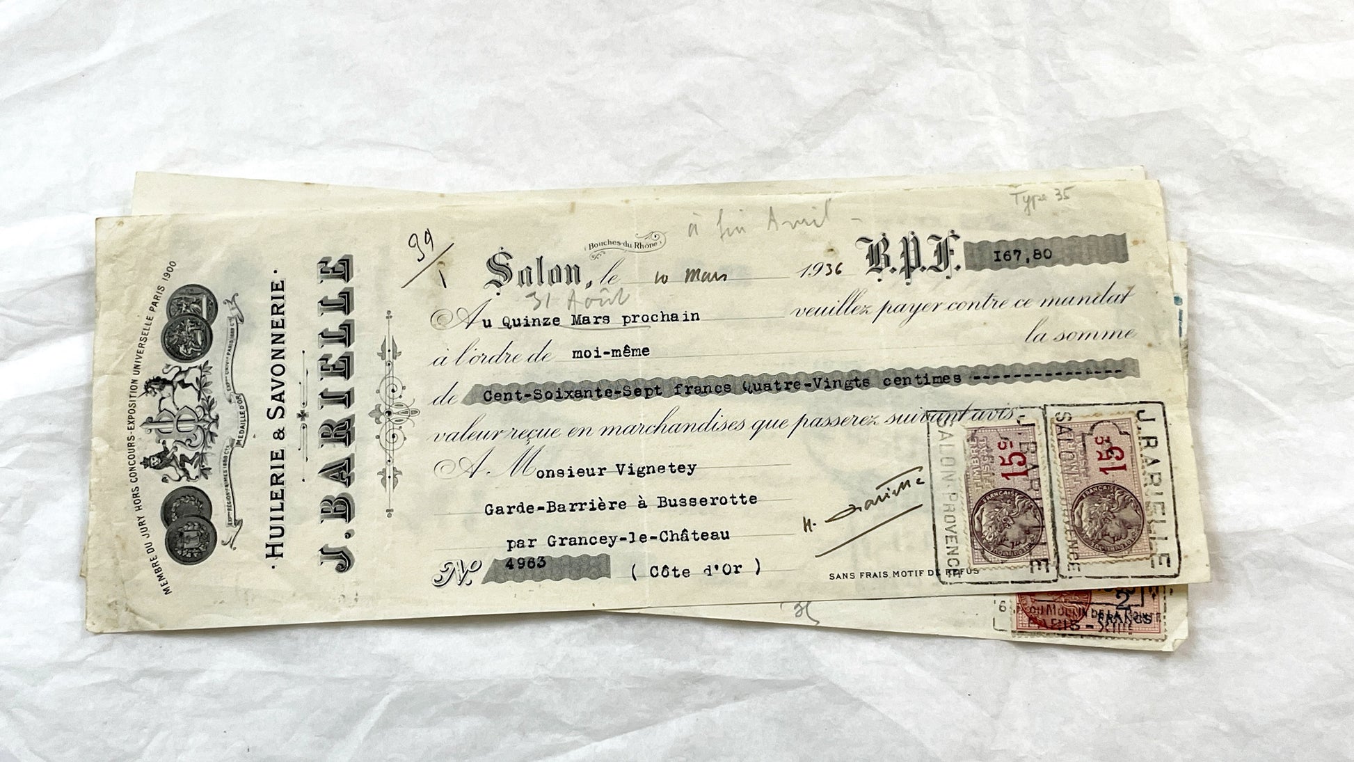 1930s - Lot of 6 Vintage French Bills of Exchange – Handwritten Commercial Documents with Stamps