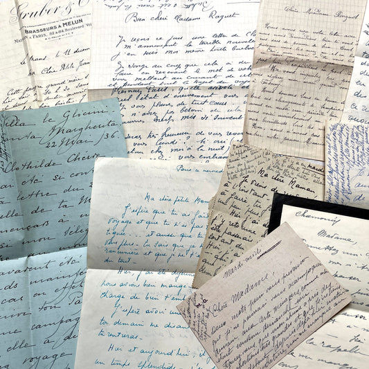 Set of 10 1930s French letters with handwritten cursive text on vintage paper.
