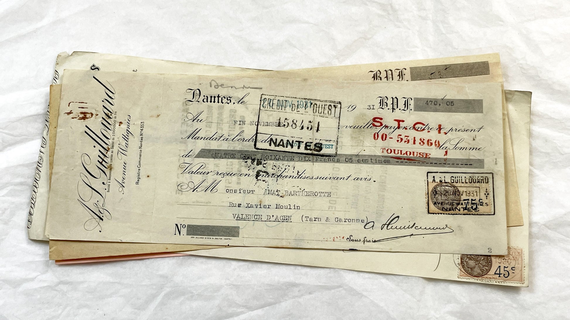 1930s - Lot of 6 Vintage French Bills of Exchange – Handwritten Commercial Documents with Stamps