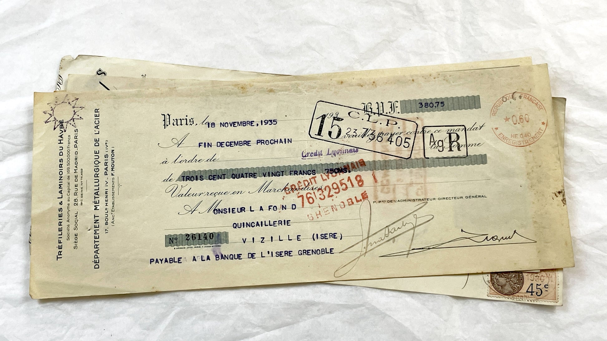 1930s - Lot of 6 Vintage French Bills of Exchange – Handwritten Commercial Documents with Stamps