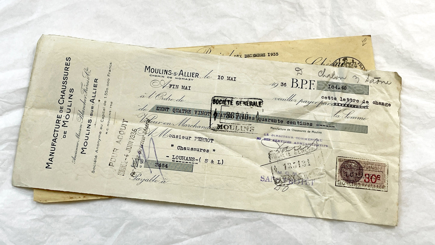 1930s - Lot of 6 Vintage French Bills of Exchange – Handwritten Commercial Documents with Stamps