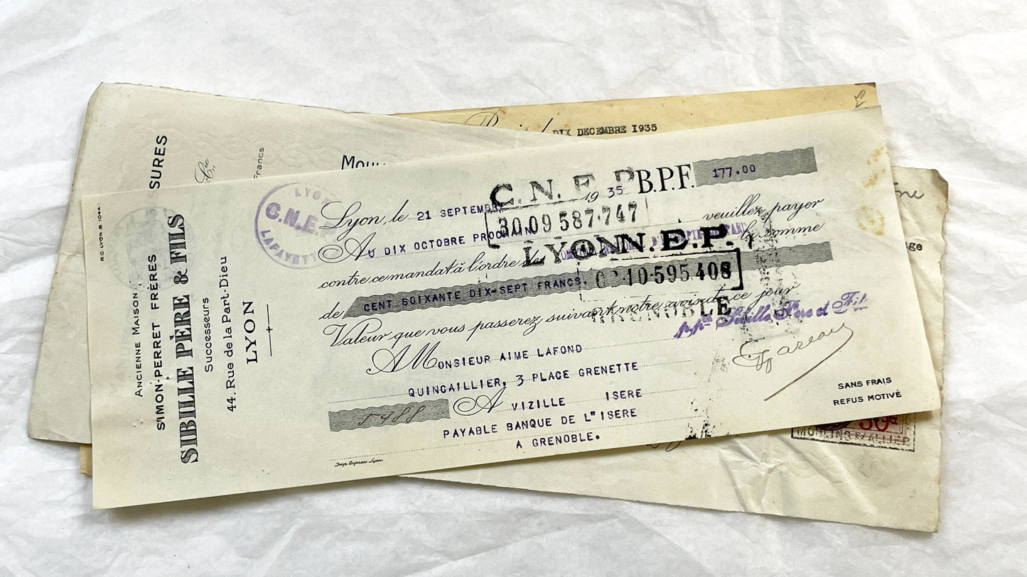 1930s - Lot of 6 Vintage French Bills of Exchange – Handwritten Commercial Documents with Stamps