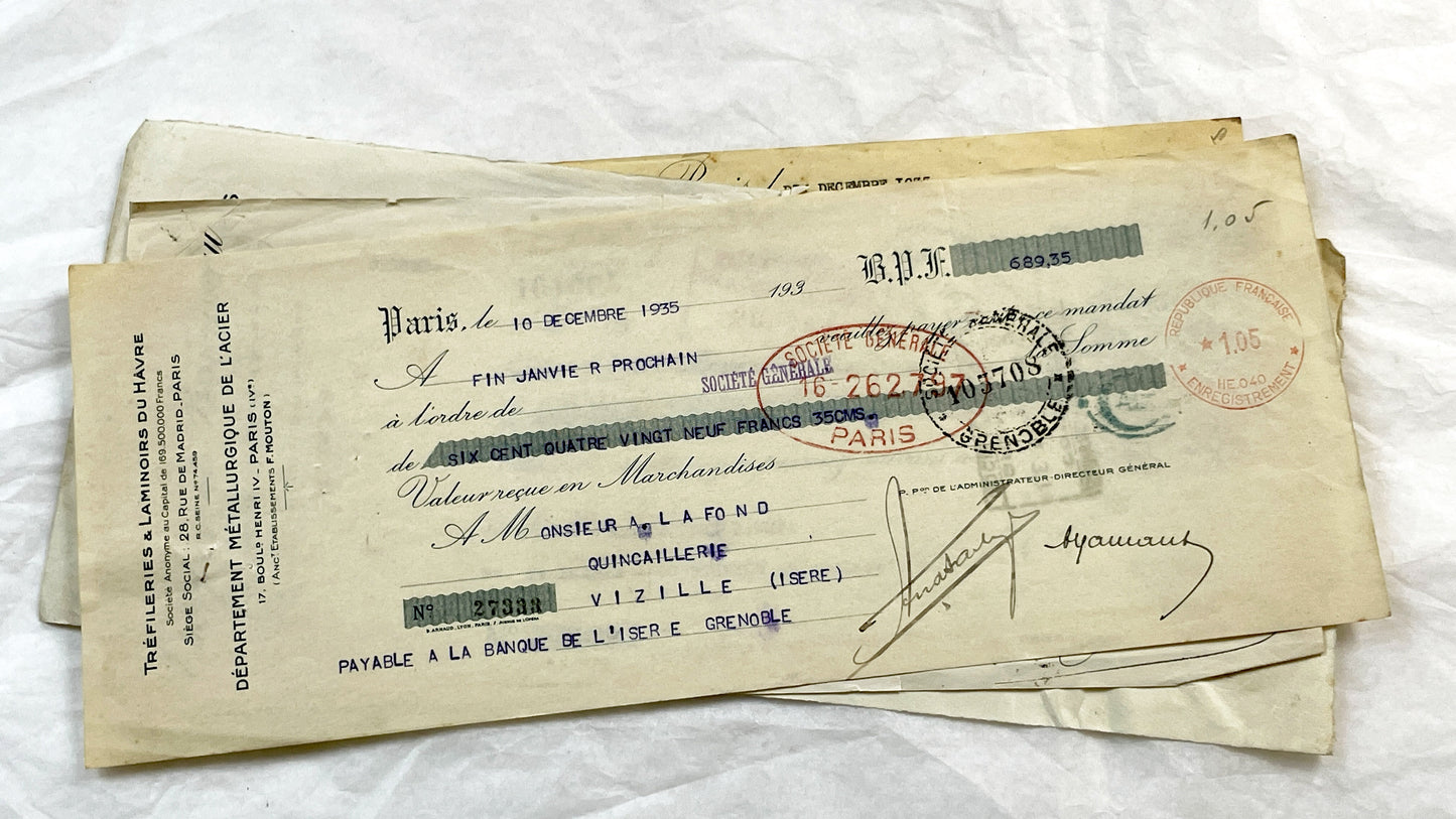1930s - Lot of 6 Vintage French Bills of Exchange – Handwritten Commercial Documents with Stamps