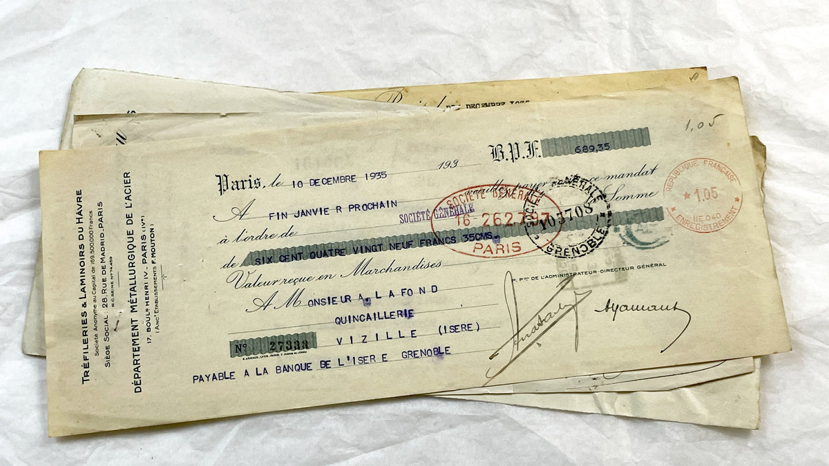 1930s - Lot of 6 Vintage French Bills of Exchange – Handwritten Commercial Documents with Stamps