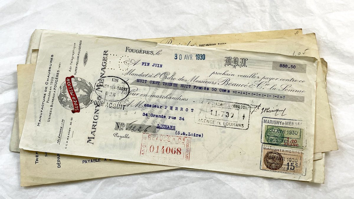 1930s - Lot of 6 Vintage French Bills of Exchange – Handwritten Commercial Documents with Stamps