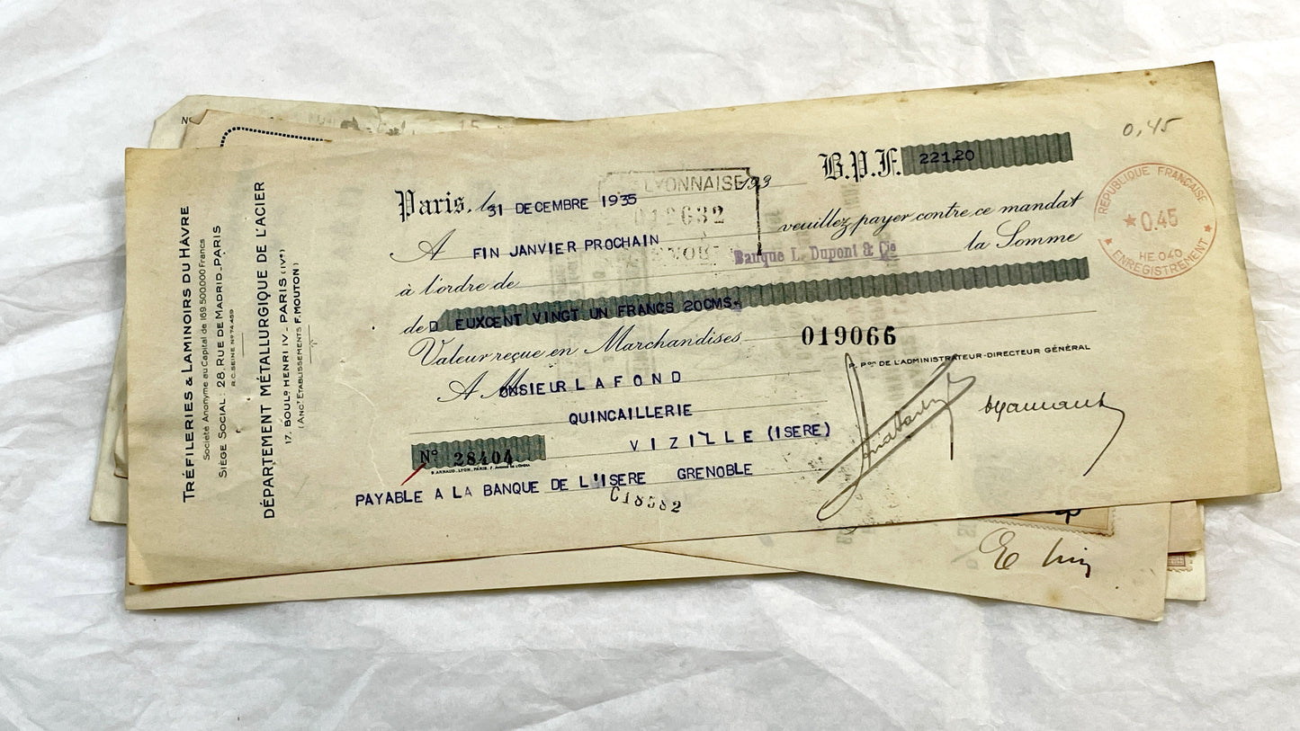 1930s - Lot of 6 Vintage French Bills of Exchange – Handwritten Commercial Documents with Stamps