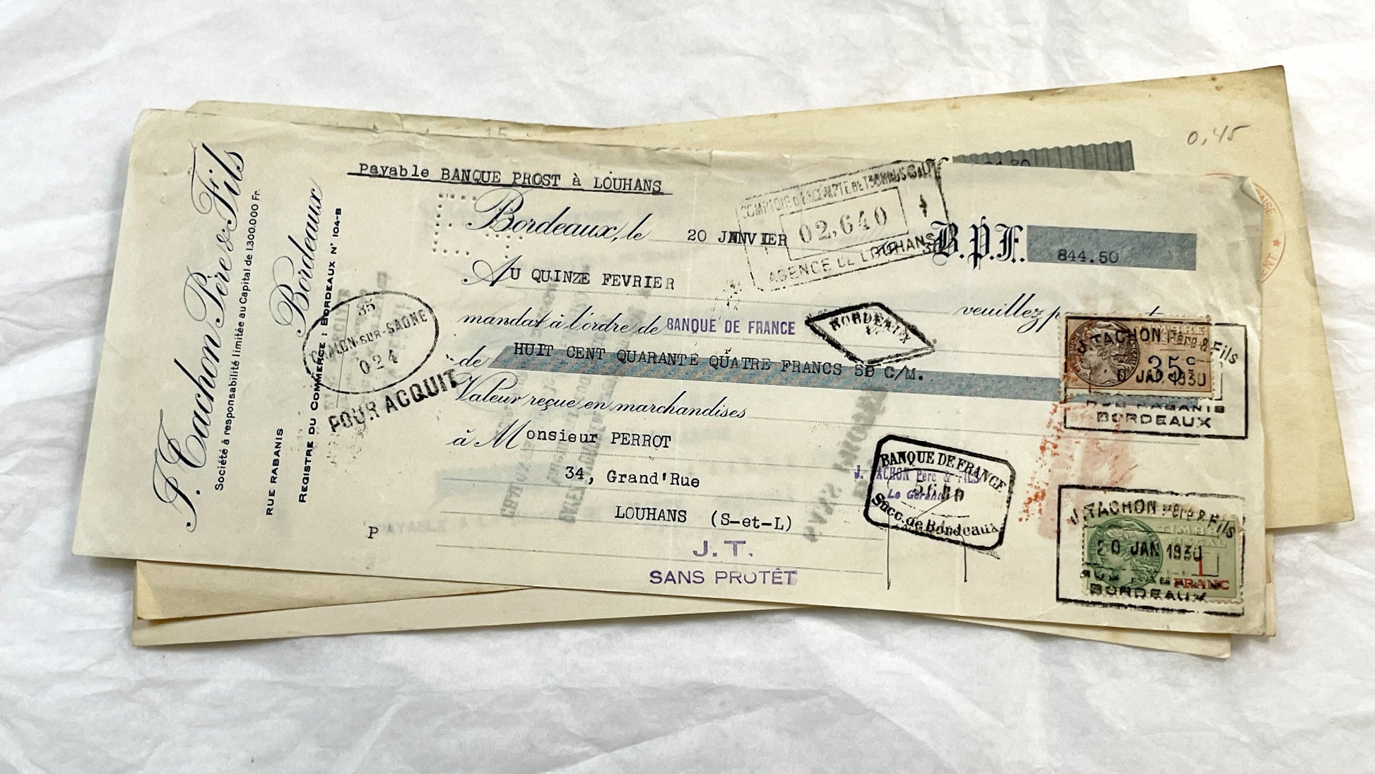 1930s - Lot of 6 Vintage French Bills of Exchange – Handwritten Commercial Documents with Stamps