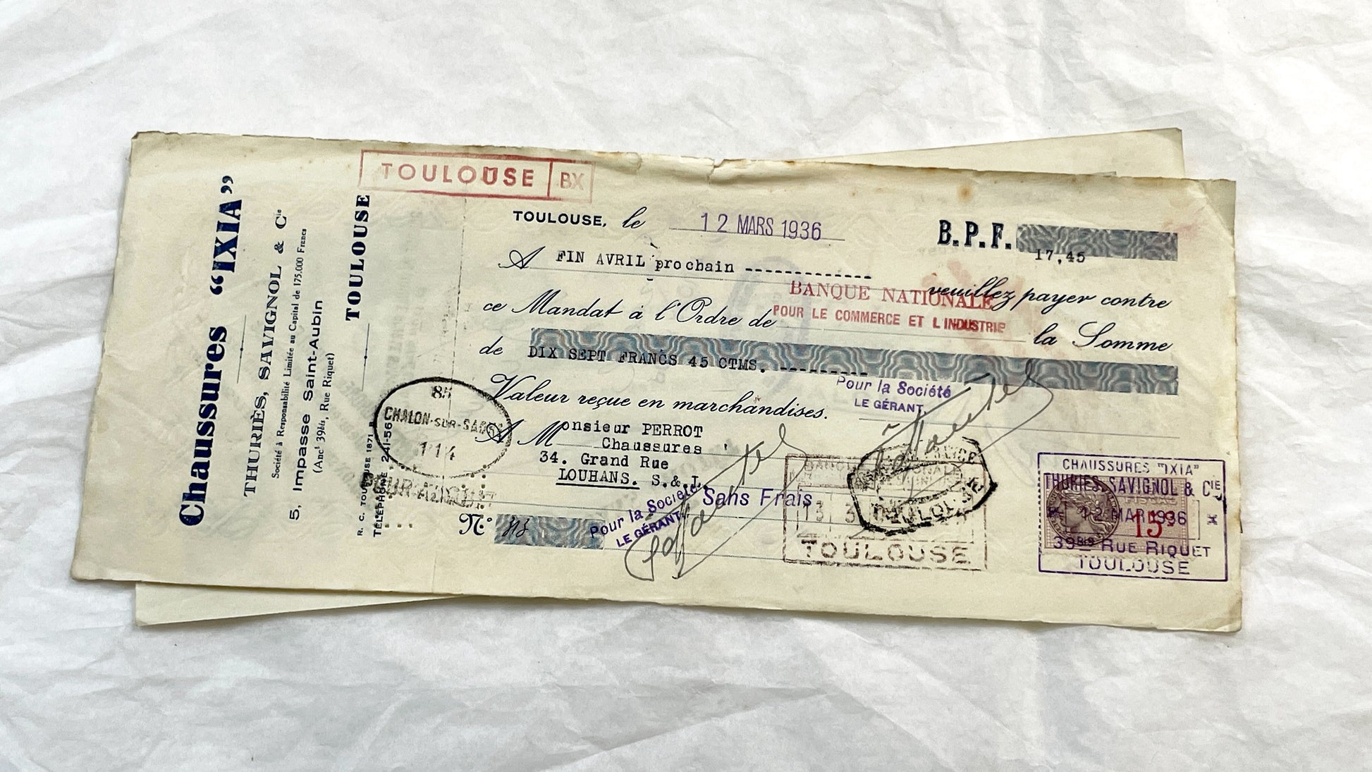 1930s - Lot of 6 Vintage French Bills of Exchange – Handwritten Commercial Documents with Stamps