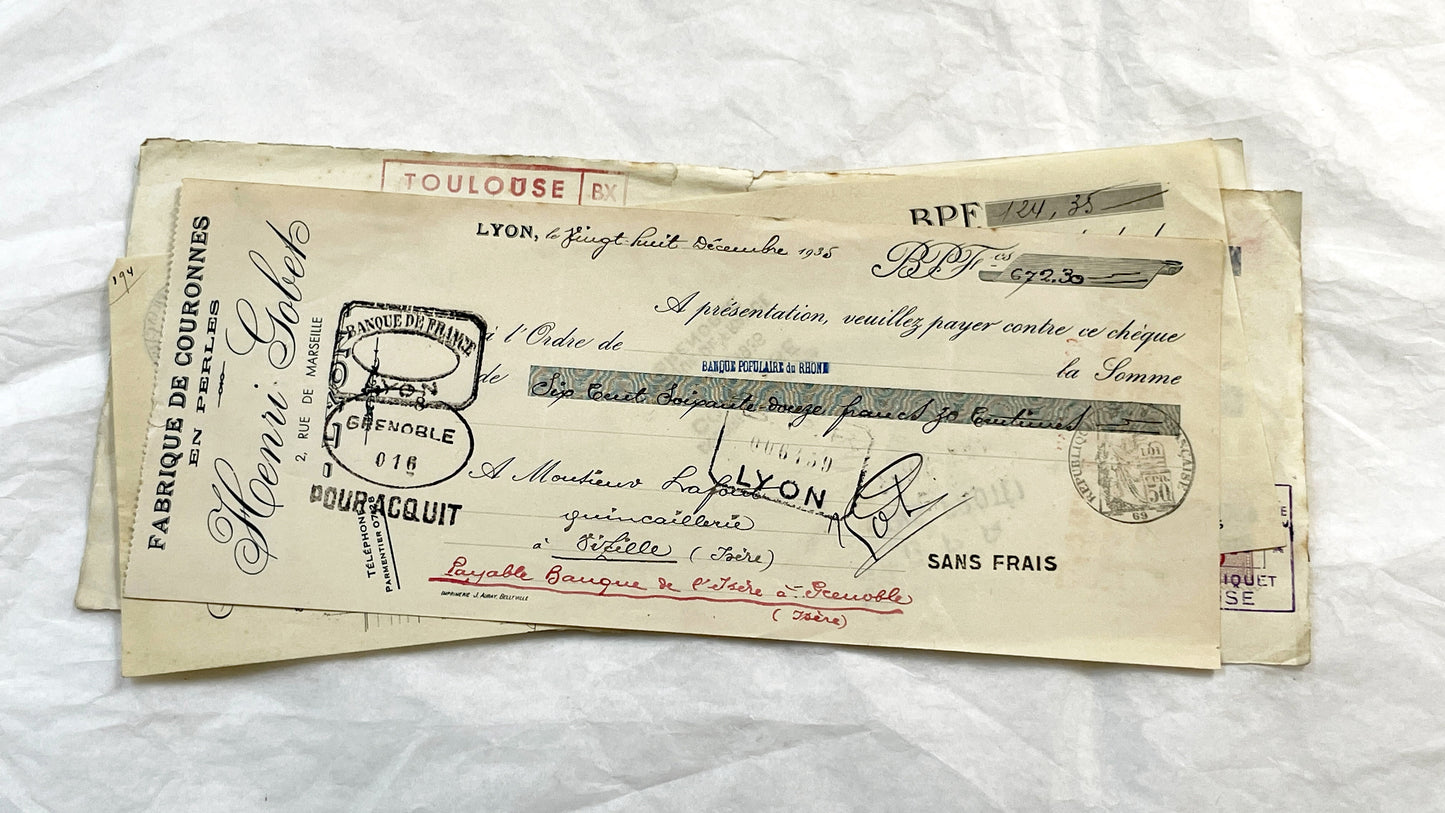 1930s - Lot of 6 Vintage French Bills of Exchange – Handwritten Commercial Documents with Stamps