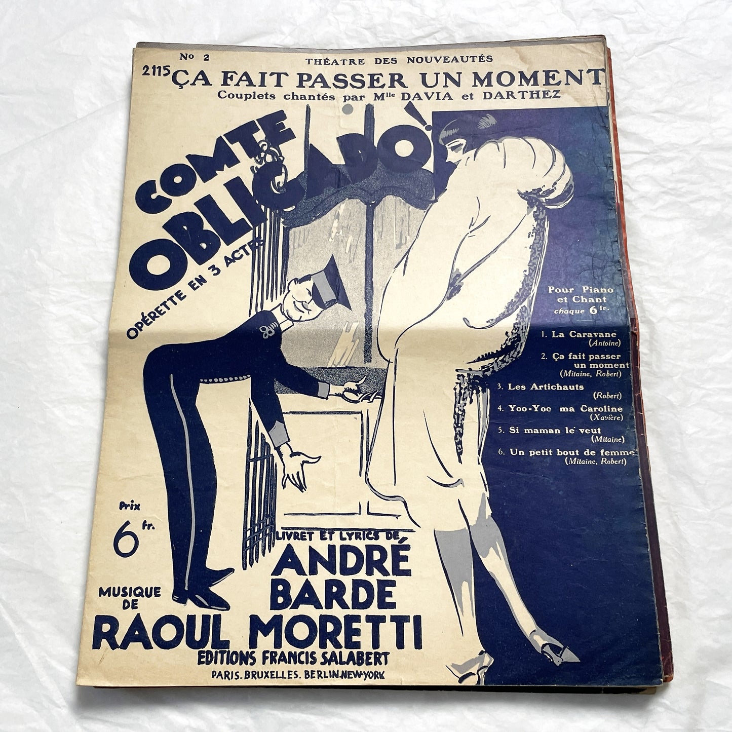 1920s - French Musical Score - 'Comte Obligado' Operetta by Moretti and Barde - 'Ça Fait Passer Un Moment' Sheet Music - Salabert Editions.