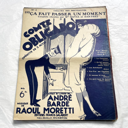 1920s - French Musical Score - 'Comte Obligado' Operetta by Moretti and Barde - 'Ça Fait Passer Un Moment' Sheet Music - Salabert Editions.