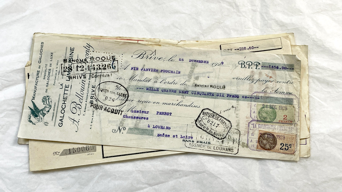 1930s - Lot of 6 Vintage French Bills of Exchange – Handwritten Commercial Documents with Stamps