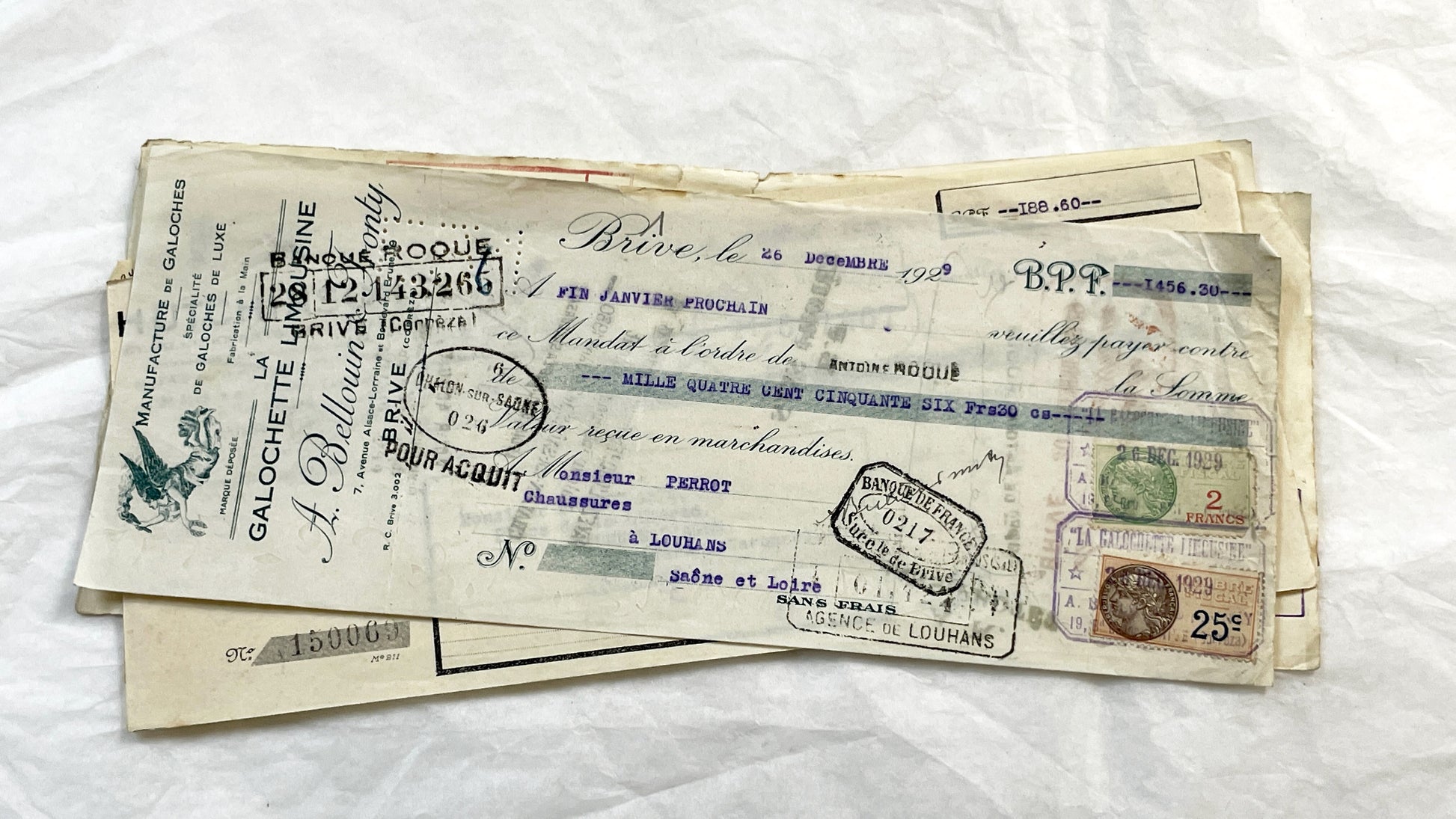 1930s - Lot of 6 Vintage French Bills of Exchange – Handwritten Commercial Documents with Stamps