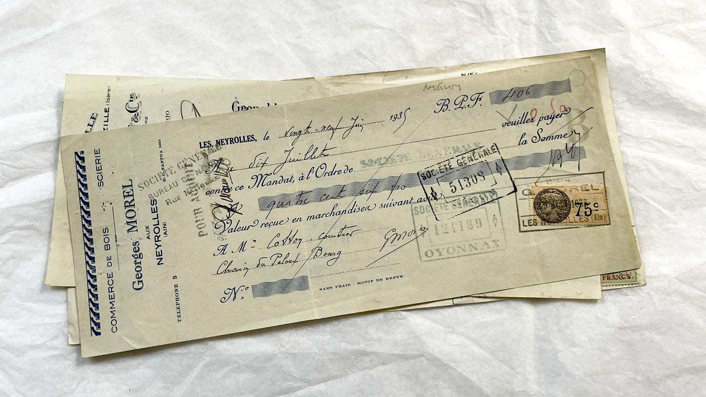 1930s - Lot of 6 Vintage French Bills of Exchange – Handwritten Commercial Documents with Stamps