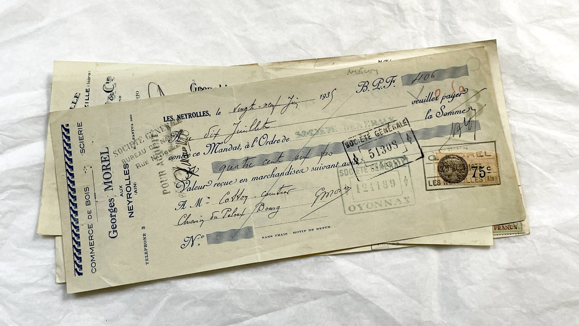 1930s - Lot of 6 Vintage French Bills of Exchange – Handwritten Commercial Documents with Stamps