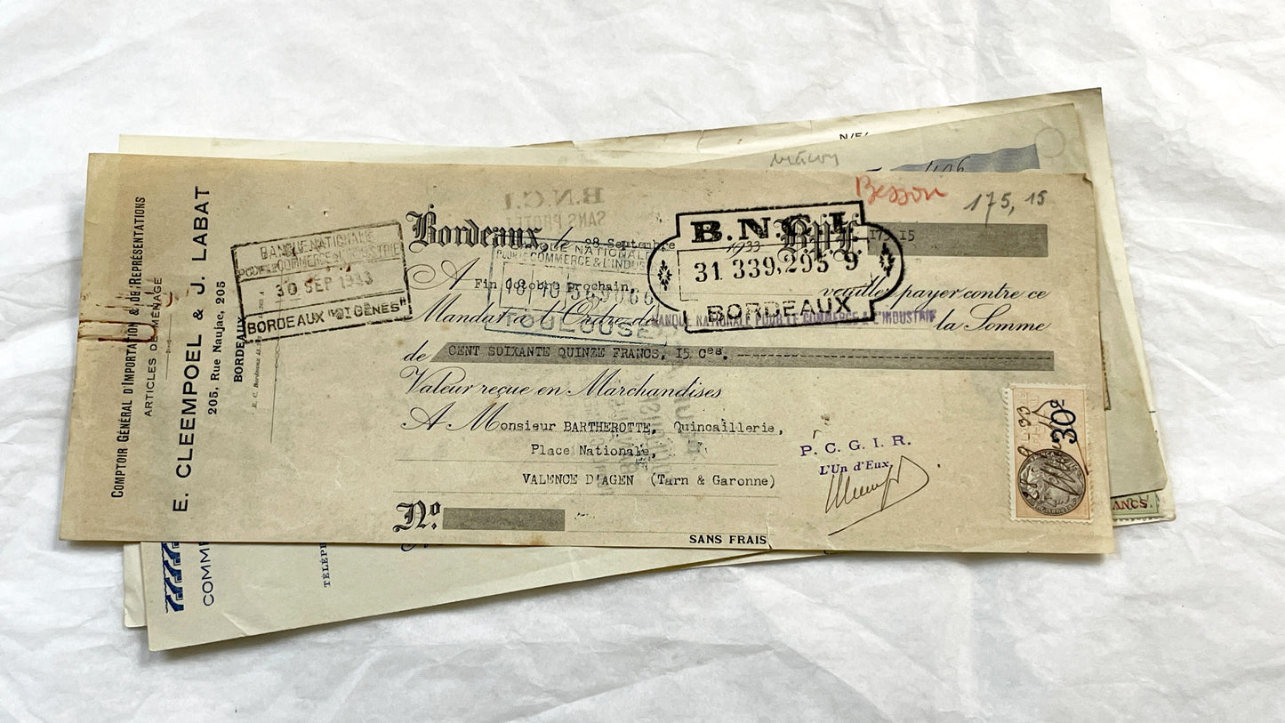 1930s - Lot of 6 Vintage French Bills of Exchange – Handwritten Commercial Documents with Stamps
