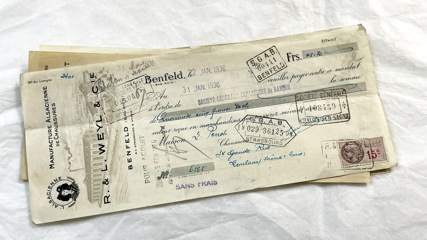 1930s - Lot of 6 Vintage French Bills of Exchange – Handwritten Commercial Documents with Stamps